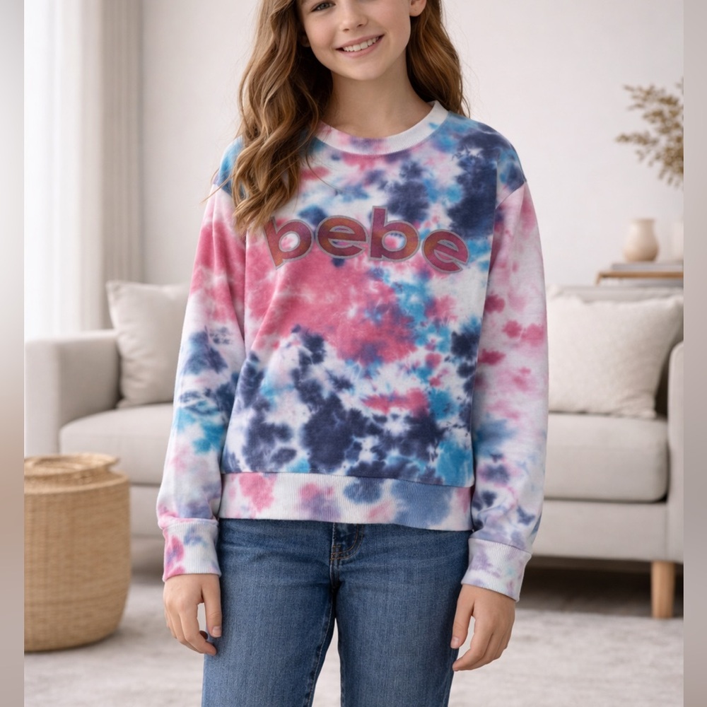 Bebe Sport Girl’s Tie Dye Logo Sweatshirt Pink Blue Size M 10/12